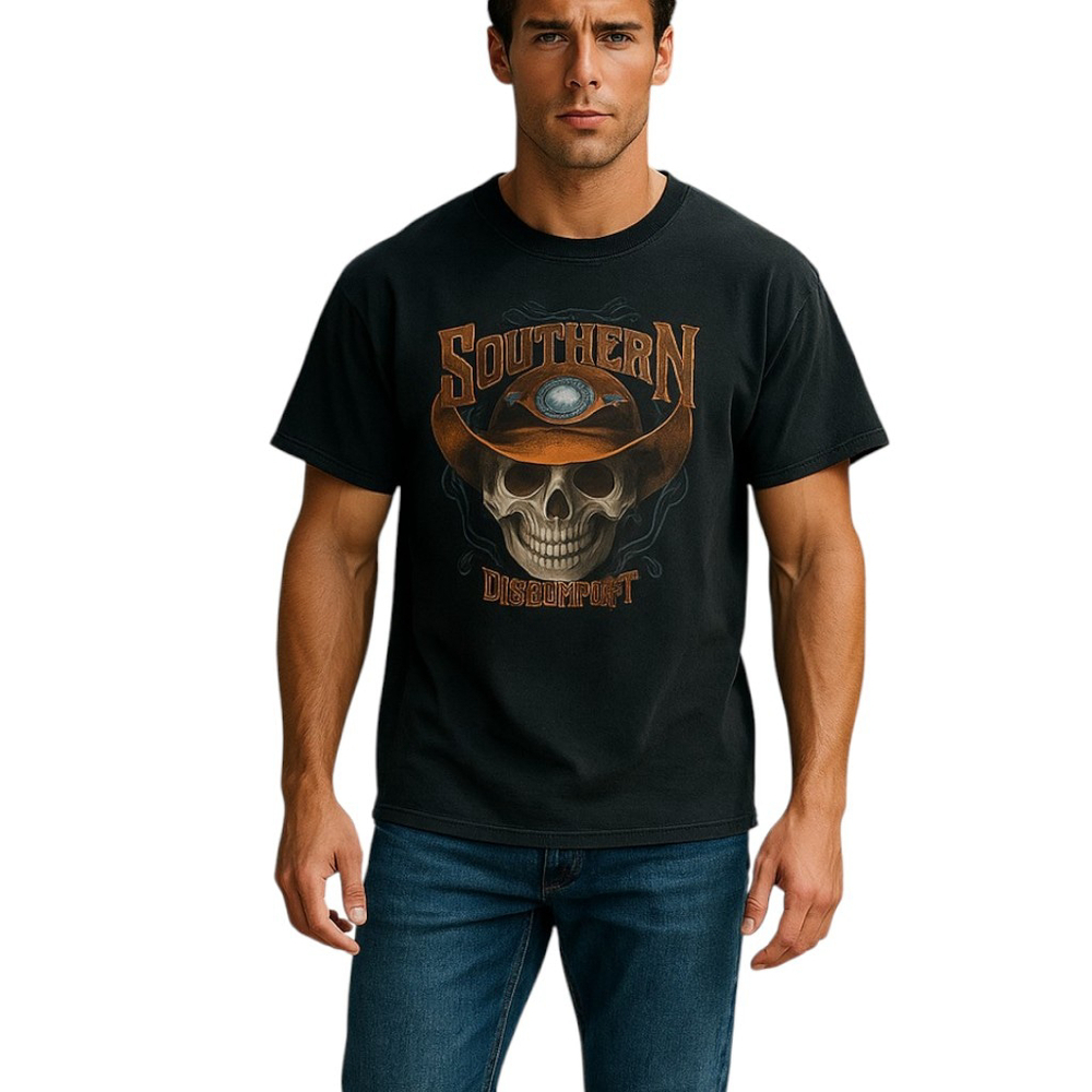 Vintage 90s Southern Discomfort T-Shirt Mens XL Black Skull Graphic Biker Cowboy